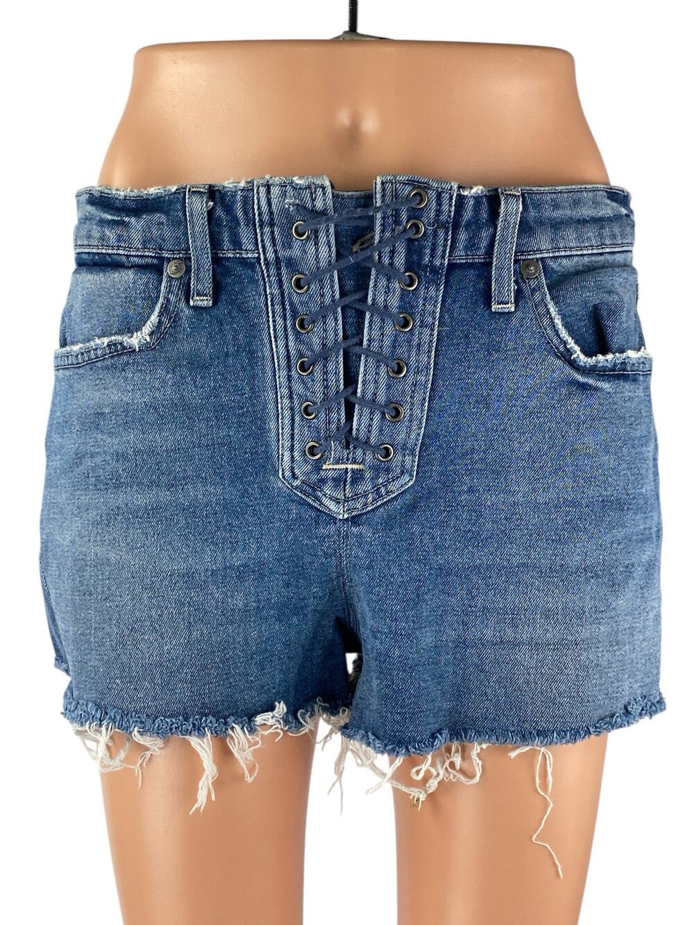 Lovers + Friends Blue Frayed Hem High Rise Lace-Up Denim Cut-off Mom Shorts 29